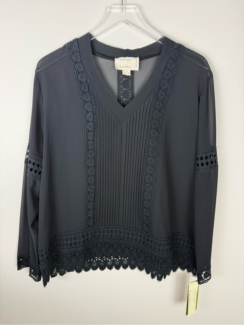 NICOLE MILLER Artelier Black Semi-sheer Lace Eyelet Top NWT